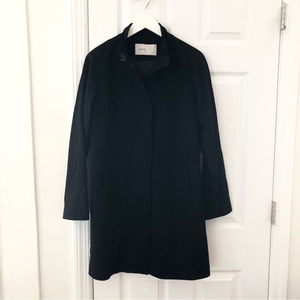 Jane Post Black Cashmere Blend Snap Button High Neck Classic A Line Coat Small